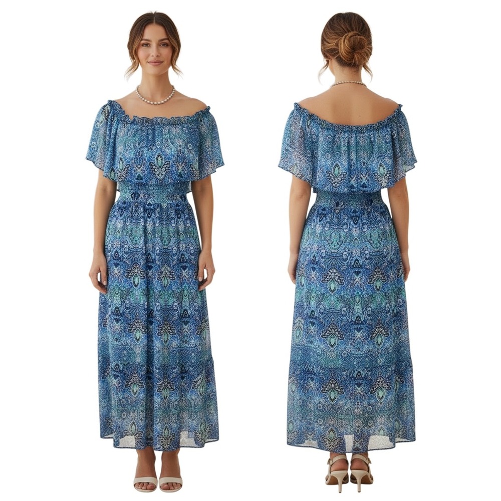Blue Paisley Off Shoulder Maxi Dress Size 8 NEW. Wedding Guest. Feminine Garden